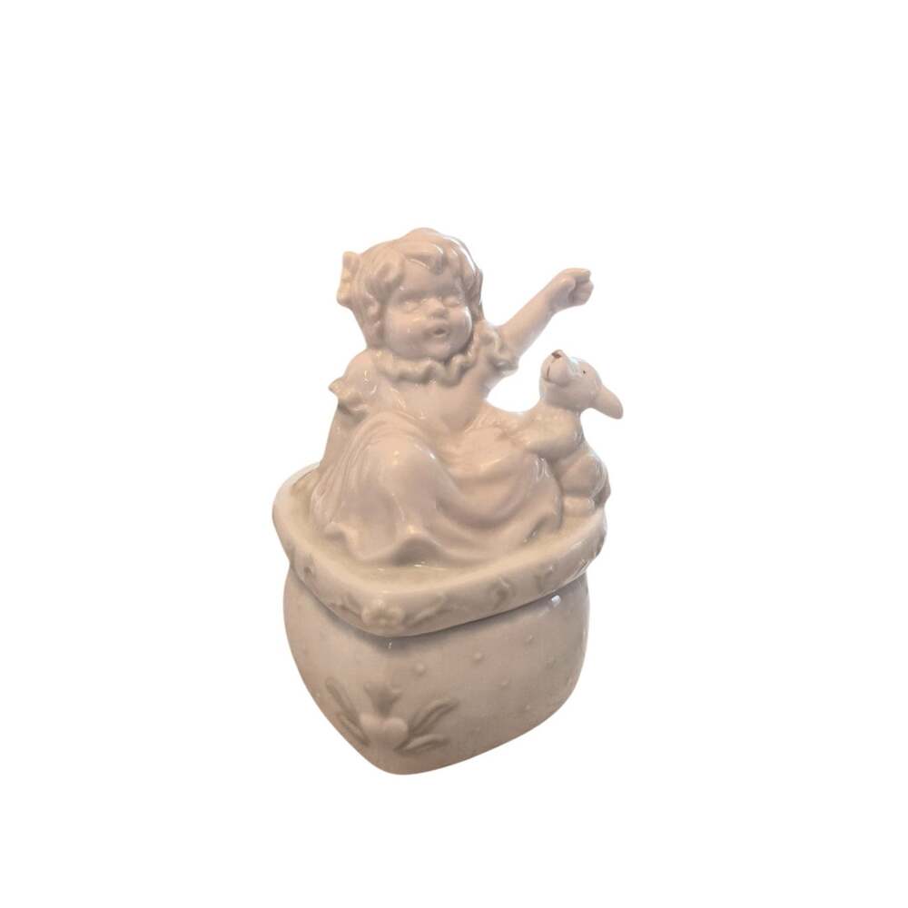 Vintage White Porcelain Trinket Box Girl With Puppy